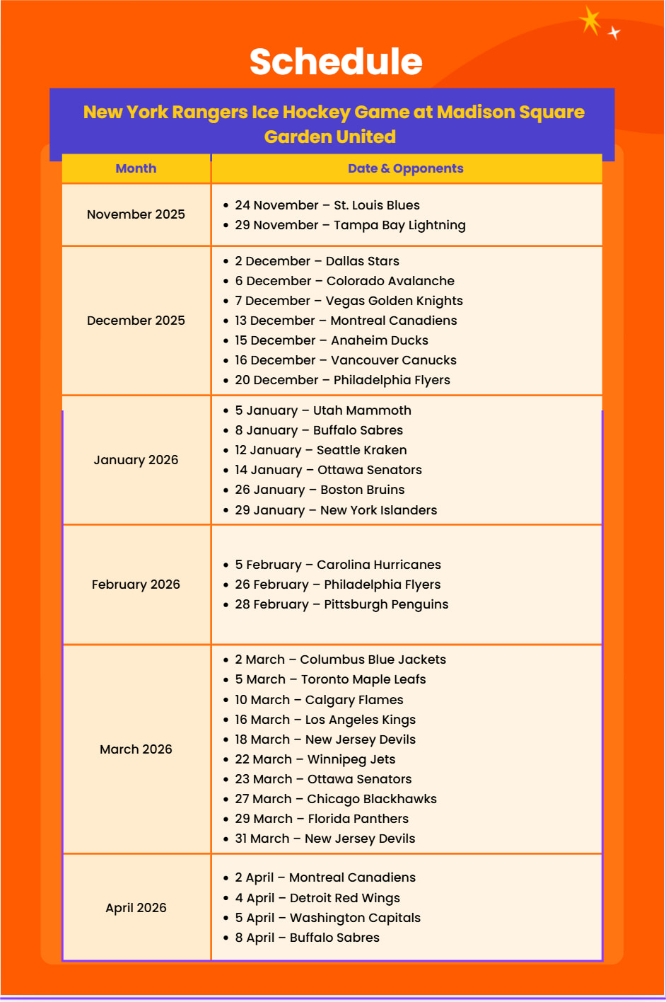 查看完整的紐約遊騎兵冰上曲棍球賽程，迎接難忘賽季！