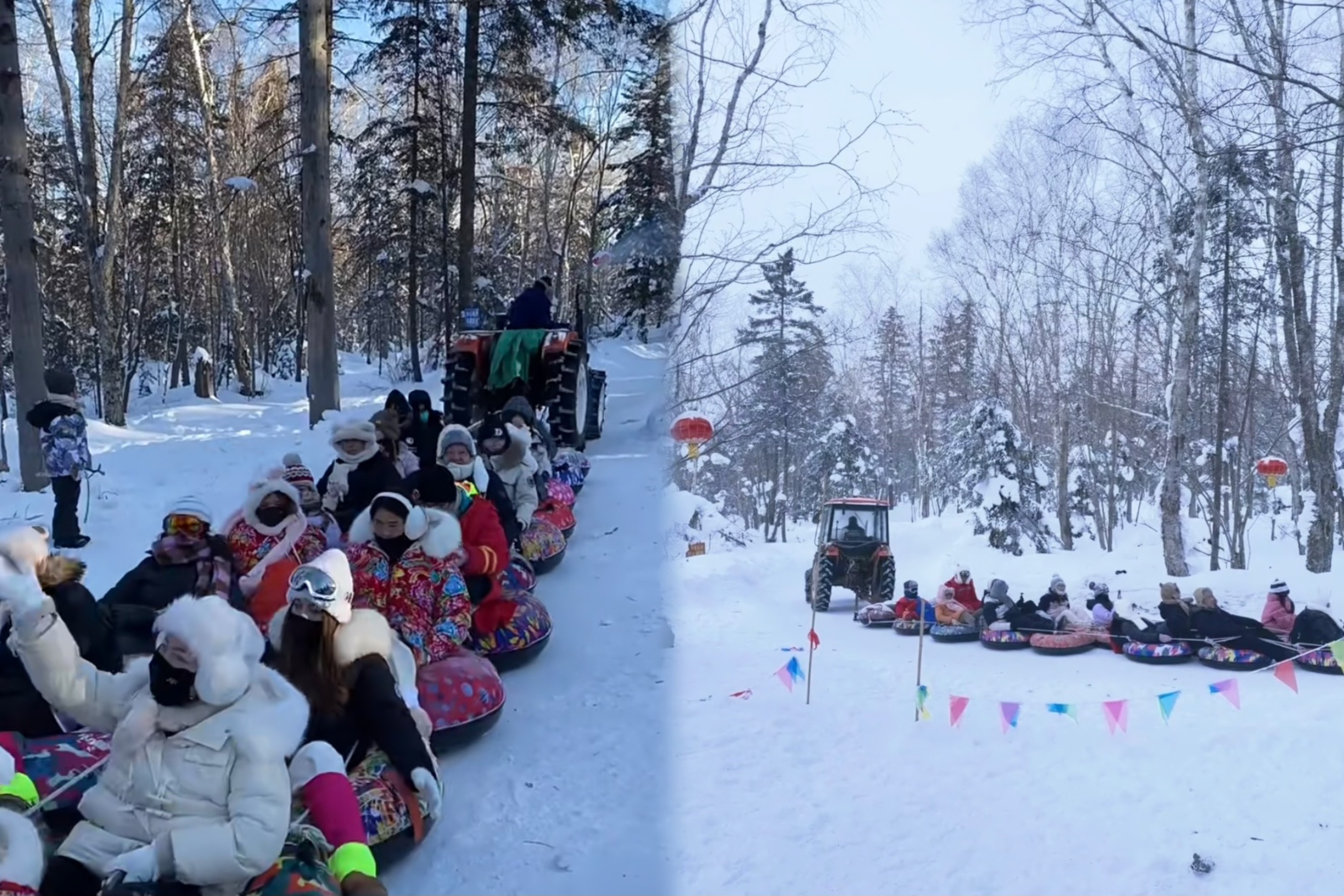 【雪地長龍景點介紹】
雪地長龍是一種冬季冰雪娛樂項目，常見於東北雪鄉等冰雪旅遊勝地。它通常是將多個雪圈串聯在一起，由雪地越野車、拖拉機等牽引工具在雪地上拉動，遊客坐在雪圈上，隨著牽引工具的行進在雪地上滑行，宛如一條長龍在雪地中穿梭。