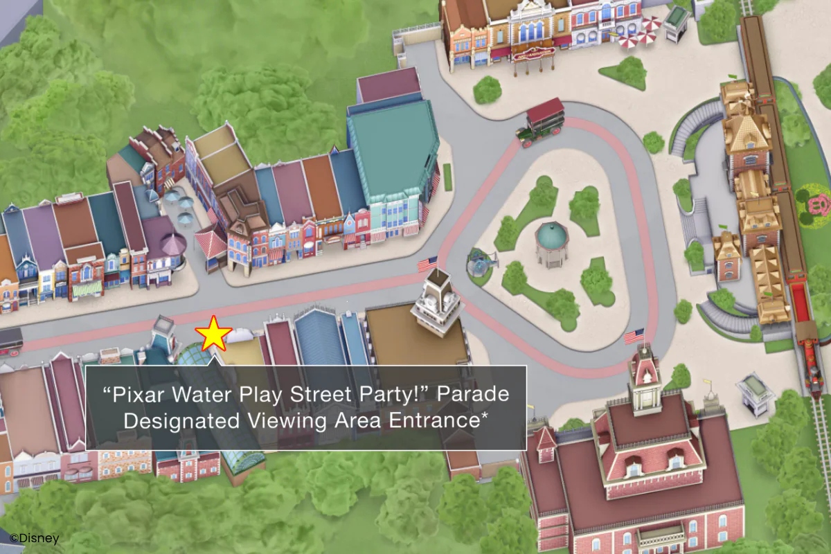 Designated viewing area entrance of “Pixar Water Play Street Party” Parade
