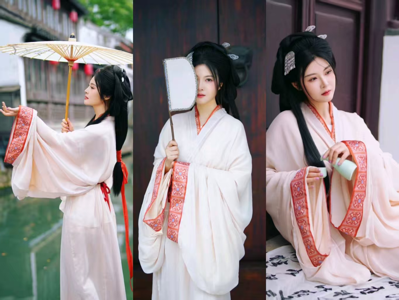 女子著淺米色漢服，紅紋飾邊。或持傘臨河、或執扇遮面、或捧杯閒坐，動作神態各異，盡顯古典雅韻