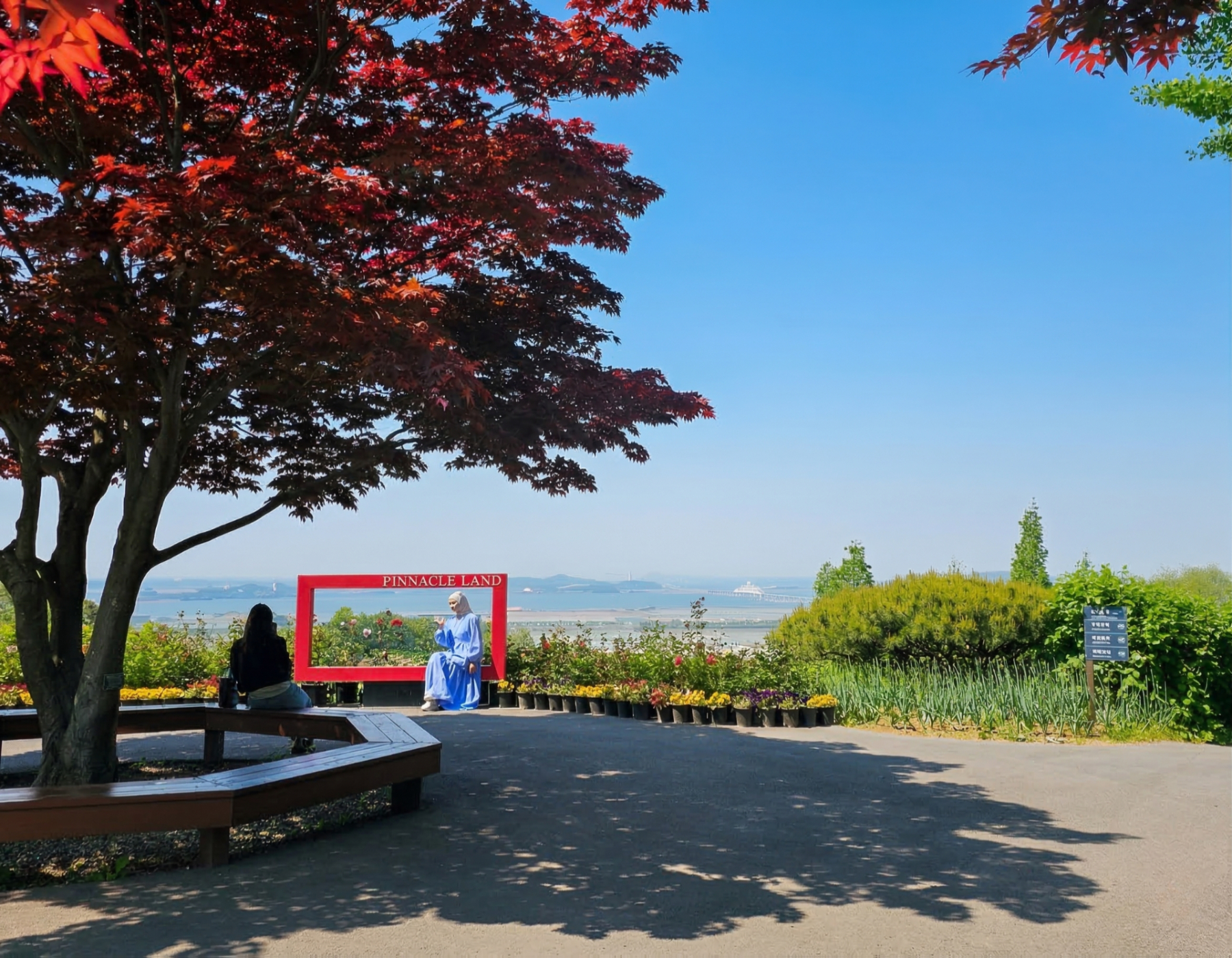 終於抵達山頂！攀登「之字形小徑」後，將西海全景盡收眼底。在紅色畫框中，將大海框成一幅畫，捕捉您在 Pinnacle Land 之旅的美好回憶。