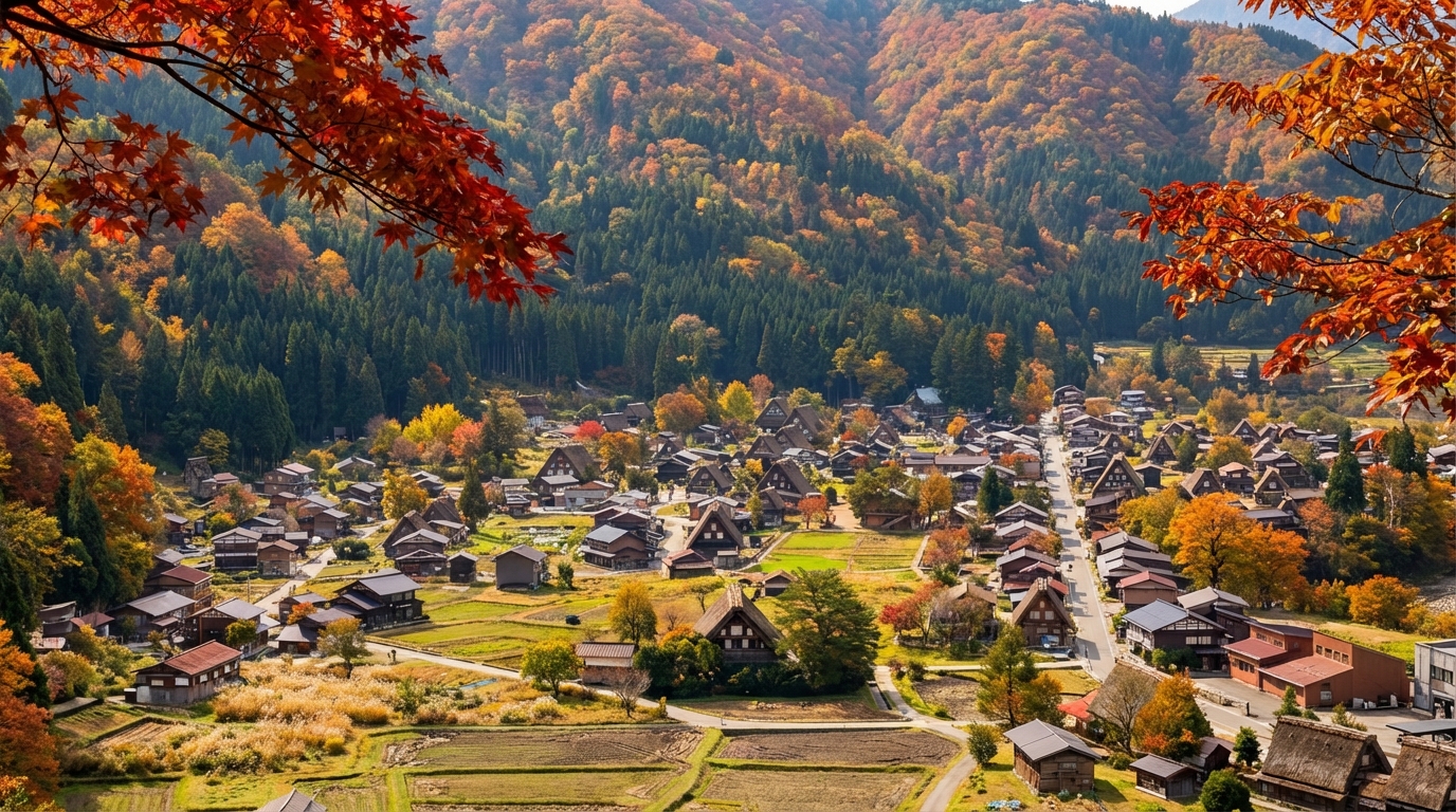 春天走進白川鄉能欣賞新綠，夏天稻田翠綠，秋天金黃耀眼，冬天雪覆蓋屋頂，四季景緻各有千秋。