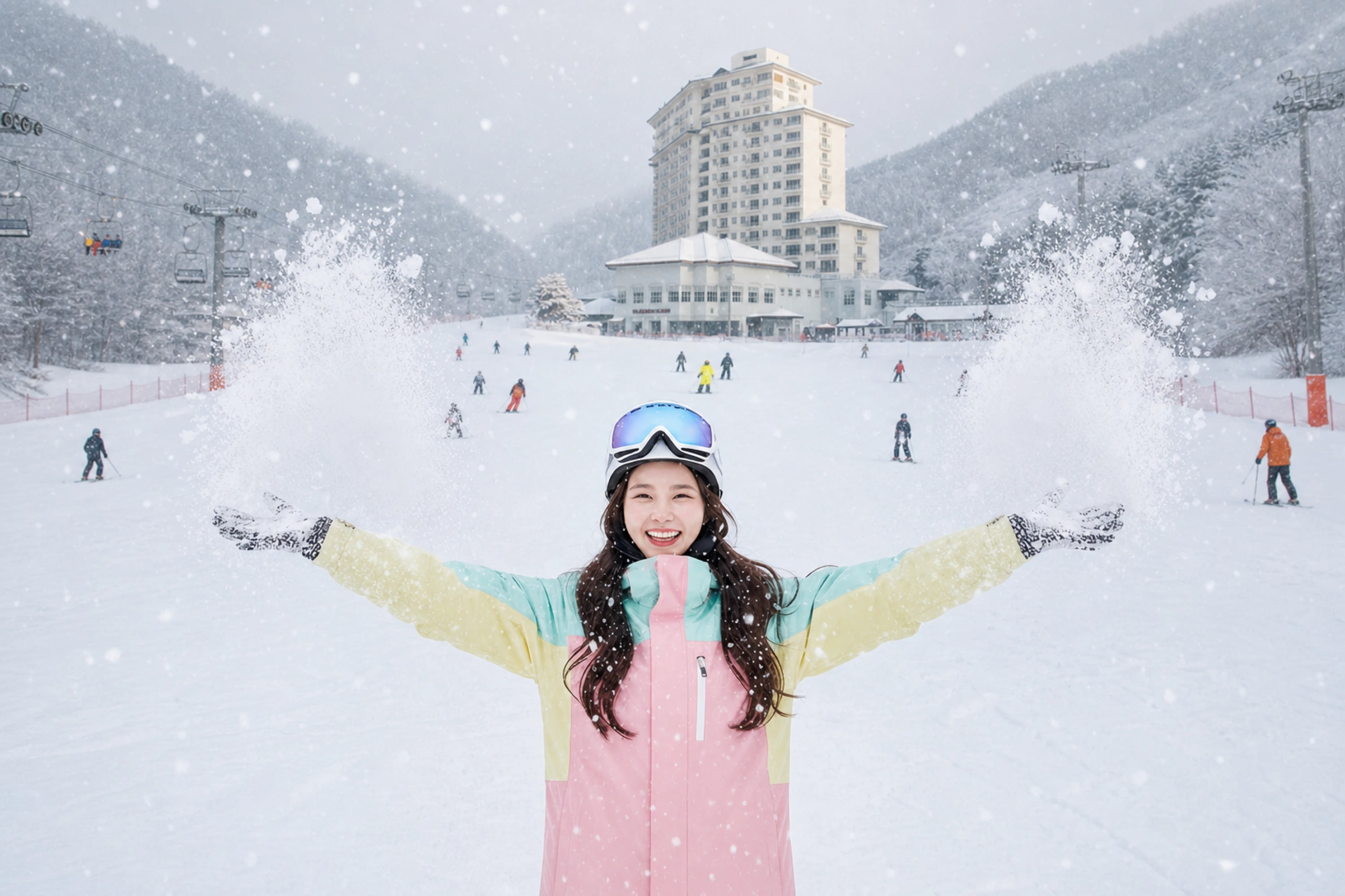 旅客在度假村前拋起新雪,捕捉韓國冬季之旅輕鬆歡樂的一刻。 旅客在度假村前拋起新雪,捕捉韓國冬季之旅輕鬆歡樂的一刻。