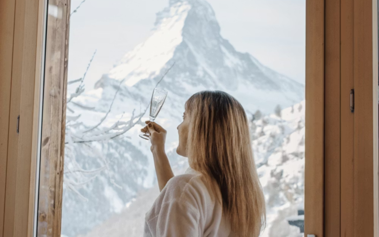 Experiencing Bella Vista's luxury spa: champagne with incredible Matterhorn views