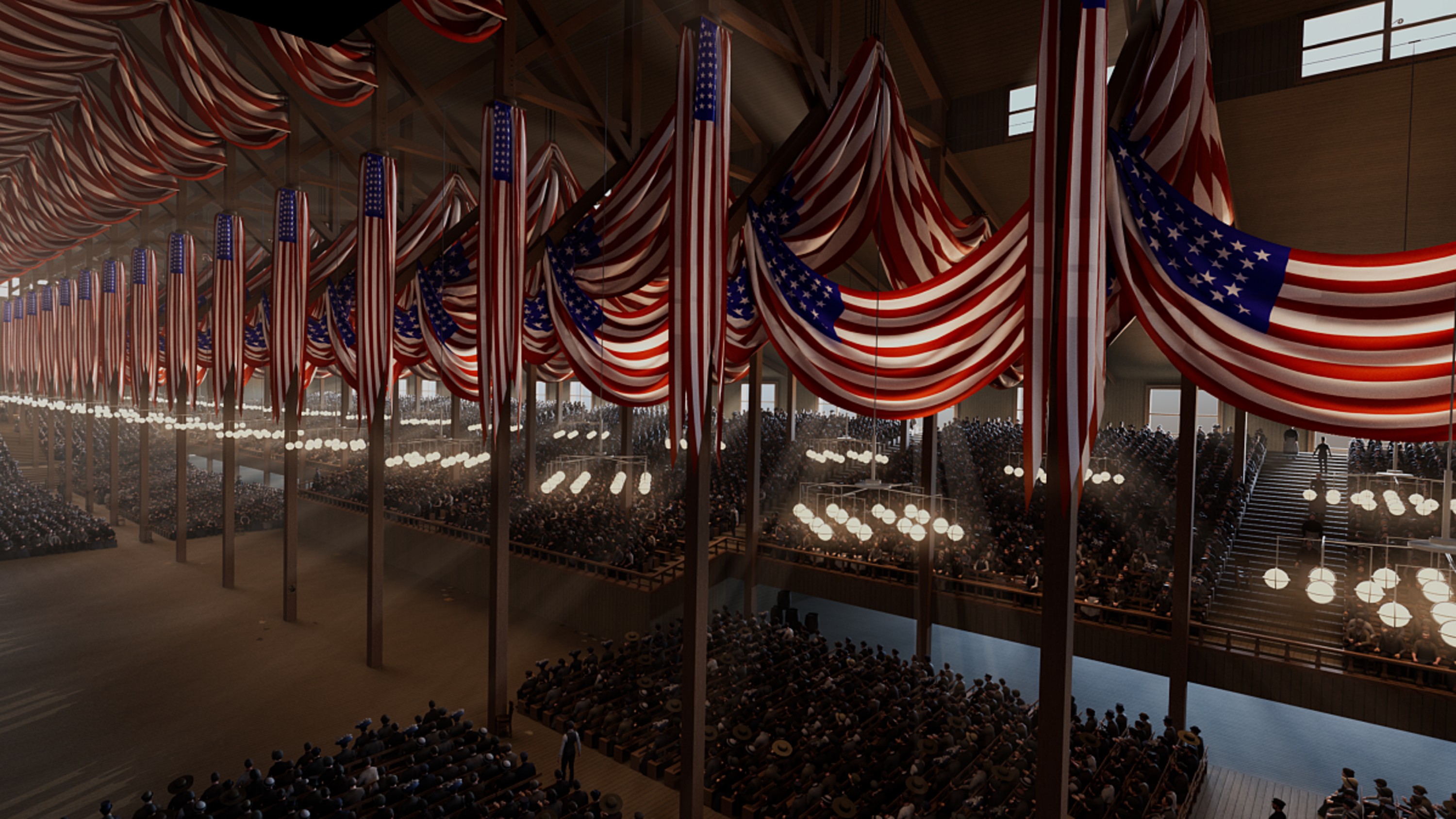 Grand hall adorned with American flags, hosting a vast gathering under glowing lights