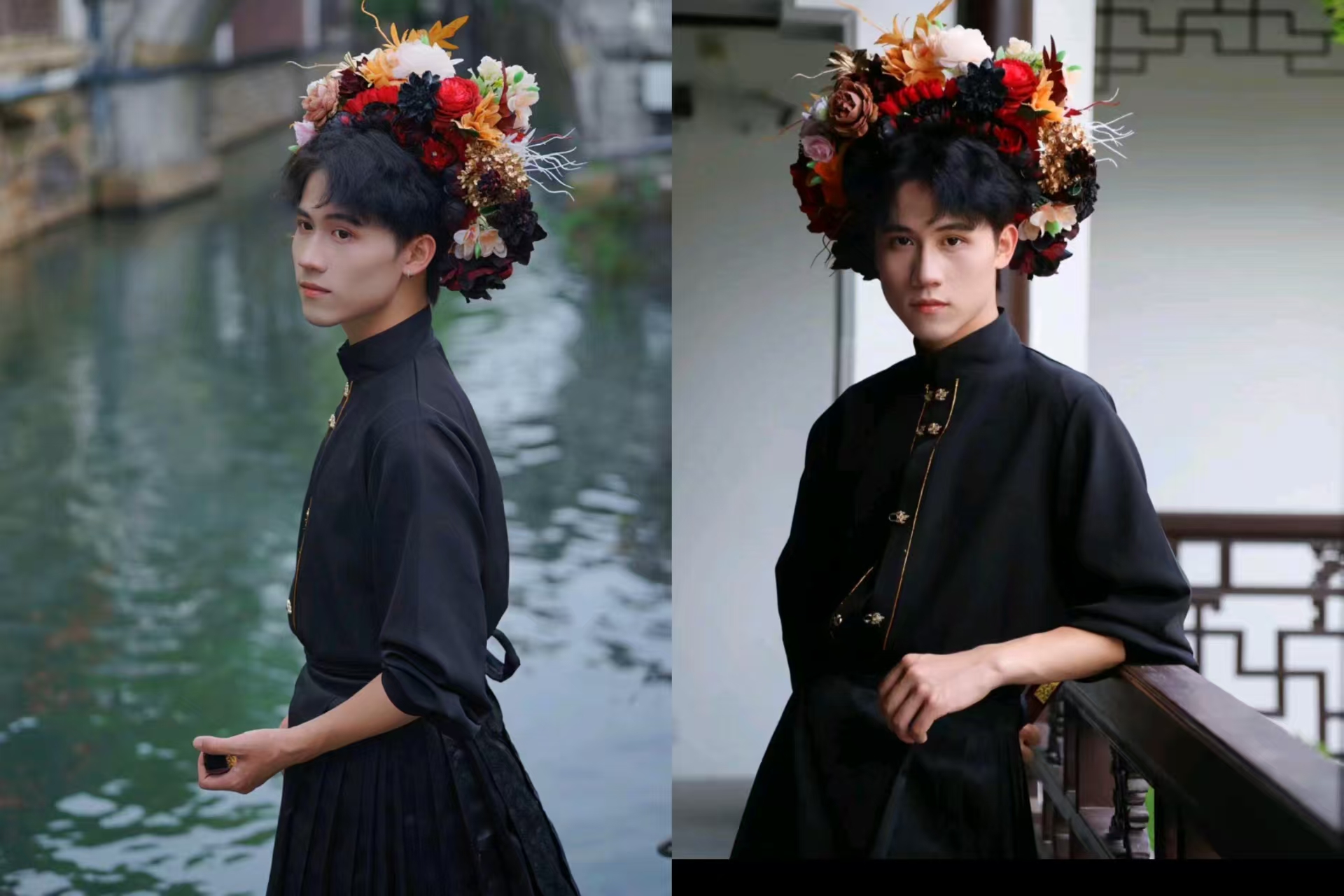 男子戴繁花頭飾，黑色傳統服飾，一側臨河，一側倚欄，獨特搭配展現傳統與時尚融合的別緻風格