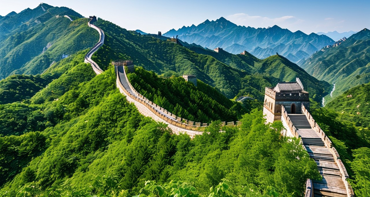 夏天滿山綠色的北京慕田峪長城，鬱鬱蔥蔥蜿蜒曲折，雄偉壯觀