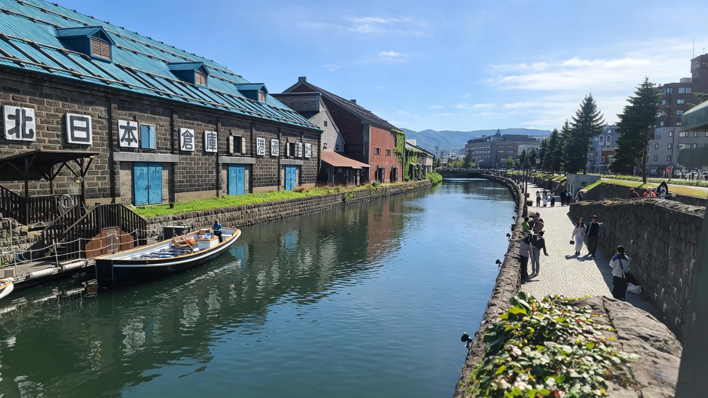 古老的石造倉庫群與煤油路燈倒映在運河水面，構成北海道最具代表性的歷史景觀，冬夜雪燈點亮時尤為夢幻。