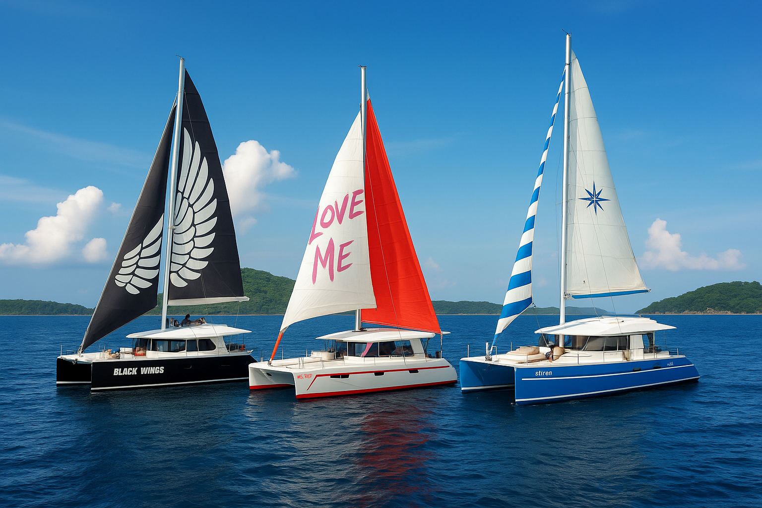 There are three catamarans for One Day Premium catamaran trip, as follows: Miss red, or Silver or Black wing, will arrange one of the three boats for you.
