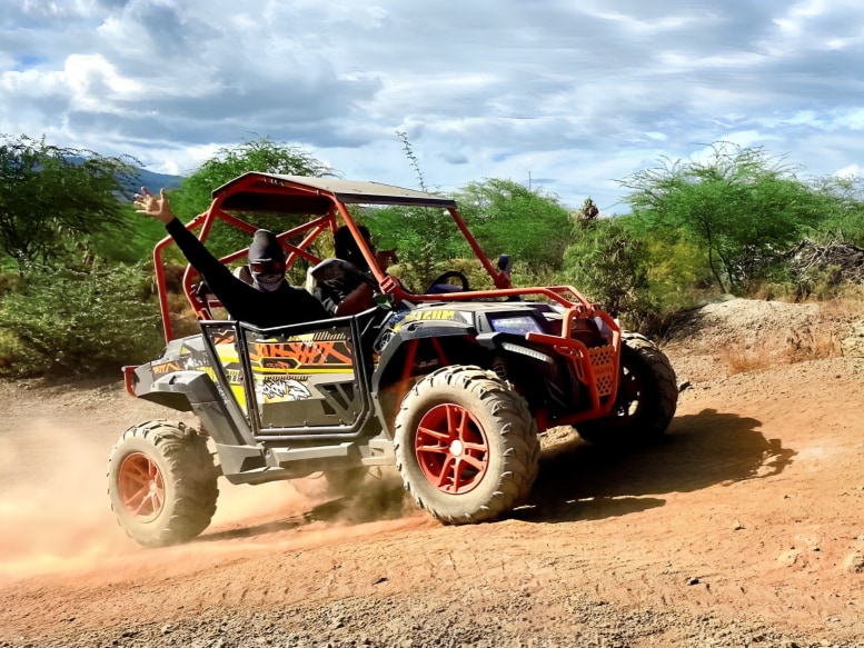 Happy guest flying over treetops with wide smile on a long zipline