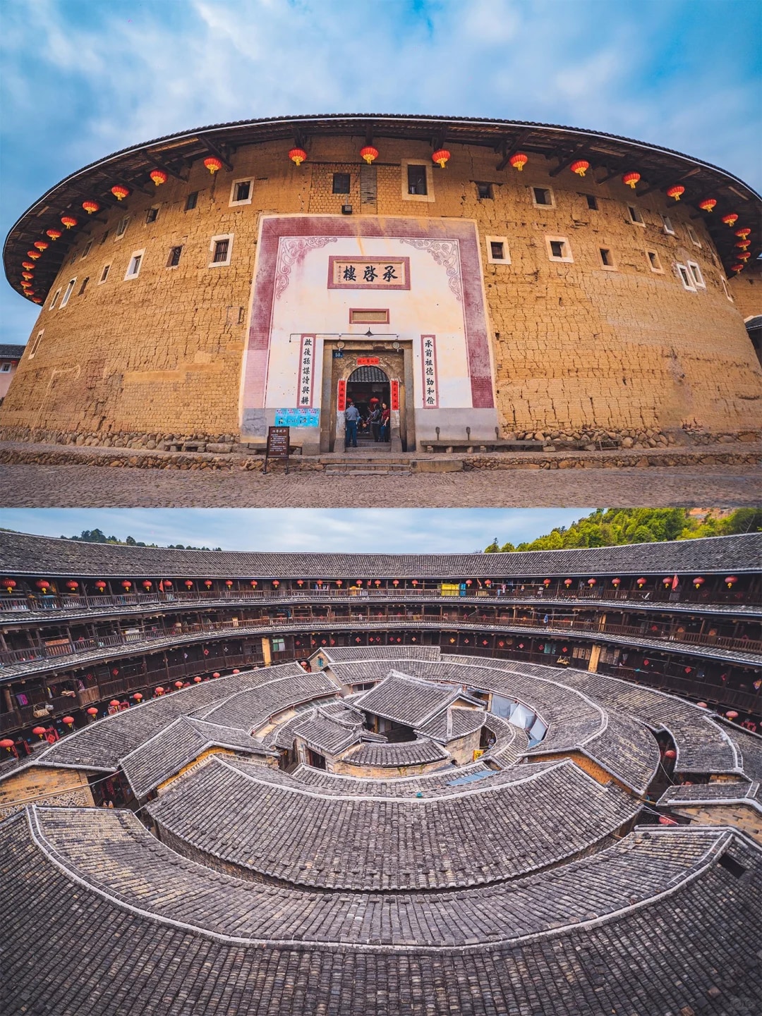 福建永定土樓，宛如大地上神秘而古老的鉅著，靜靜等待著旅人的翻閱。走進土樓王--承啟樓，你會被它的內部佈局和建築風格所震撼，土樓內部的設計充分考慮了家族群居的特點，每個房間都緊密相連，形成了一個溫馨而緊密的大家庭。