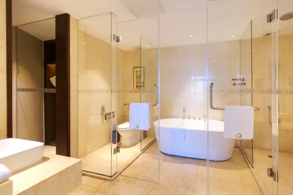 Hotel guest room bathing area environment display map