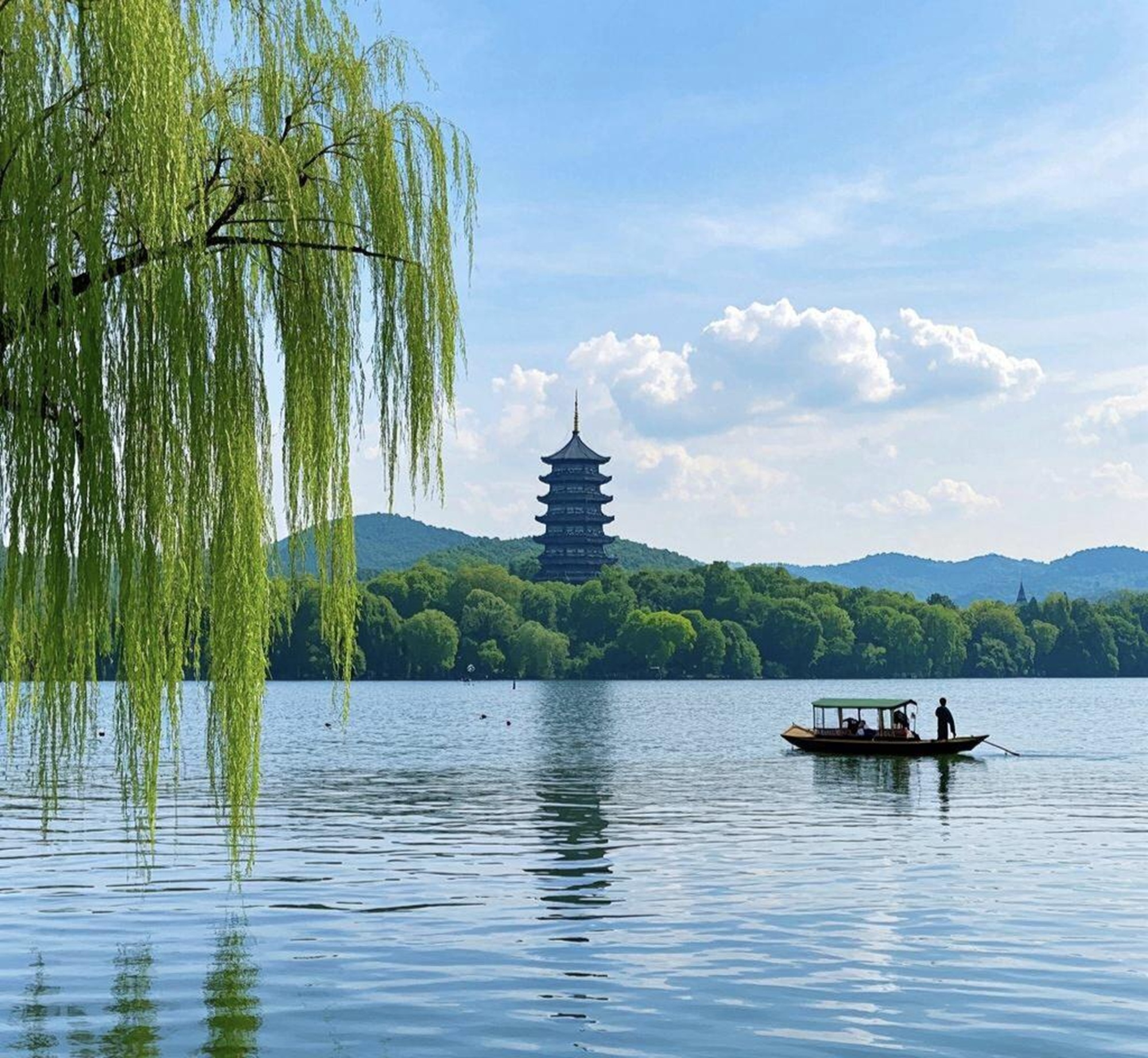 Lakeside West Lake, willows framing the pagoda's reflection, painted boats gently swaying – embark on a poetic rendezvous.