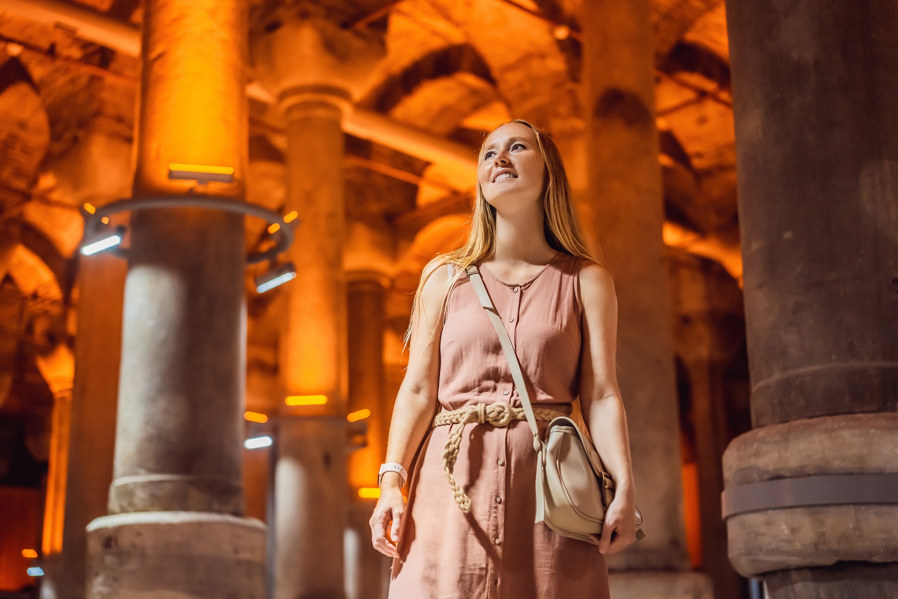 Woman tourist enjoying Beautiful cistern in Istanbul.