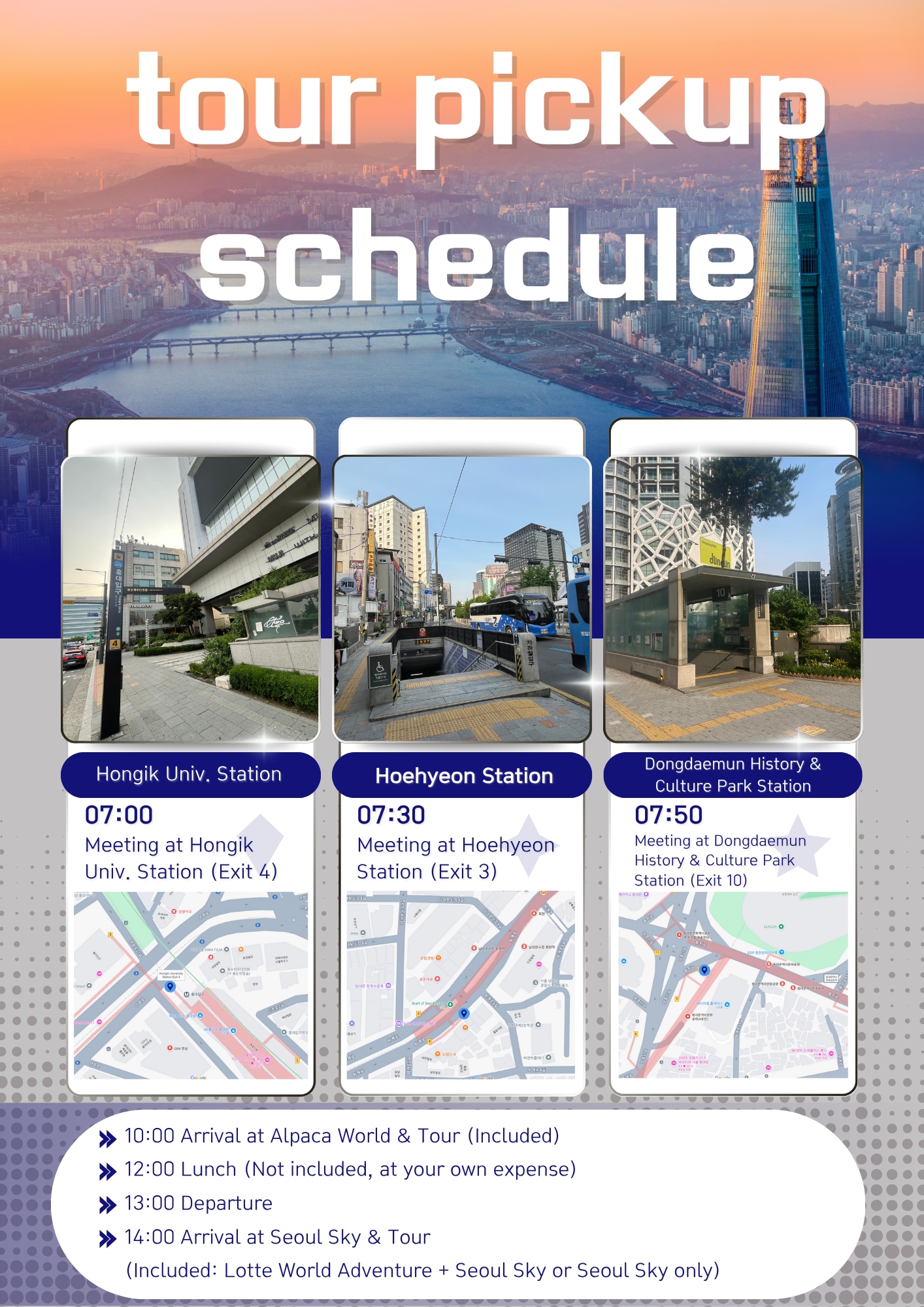 在弘大、明洞和東大門享受便捷的早晨接載服務——準時到達，開啟美好的一天！

從弘大、明洞、東大門輕鬆出發！提供早上接送，輕鬆開始一天行程。

弘大・明洞・東大門から出発！朝のピックアップでラクラク參加。