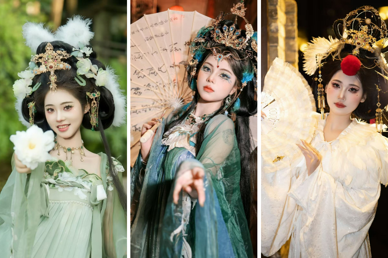 色彩濃郁且富有層次，如青綠色漸變、白色羽毛裝飾，突破傳統漢服常規，展現創新與傳承融合，頭飾華麗複雜，有羽毛、珠翠、金屬配飾，妝容大膽，運用撞色、特殊圖案打造出 “神女”“仙妖” 般奇幻形象