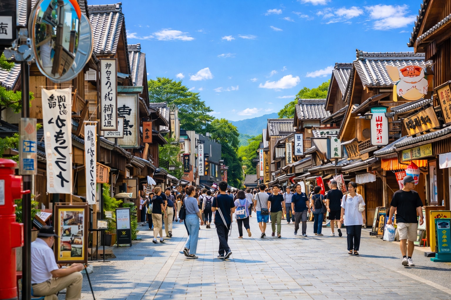 走進充滿江戶氣息的「おかげ横丁」。  石板路兩側是木造町屋建築，販售伊勢特色小吃與傳統工藝品，氣氛溫暖又懷舊。