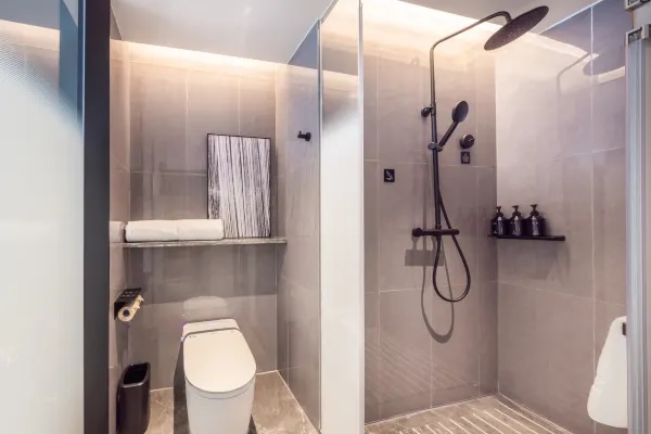 Hotel guest room bathing area interior environment display map