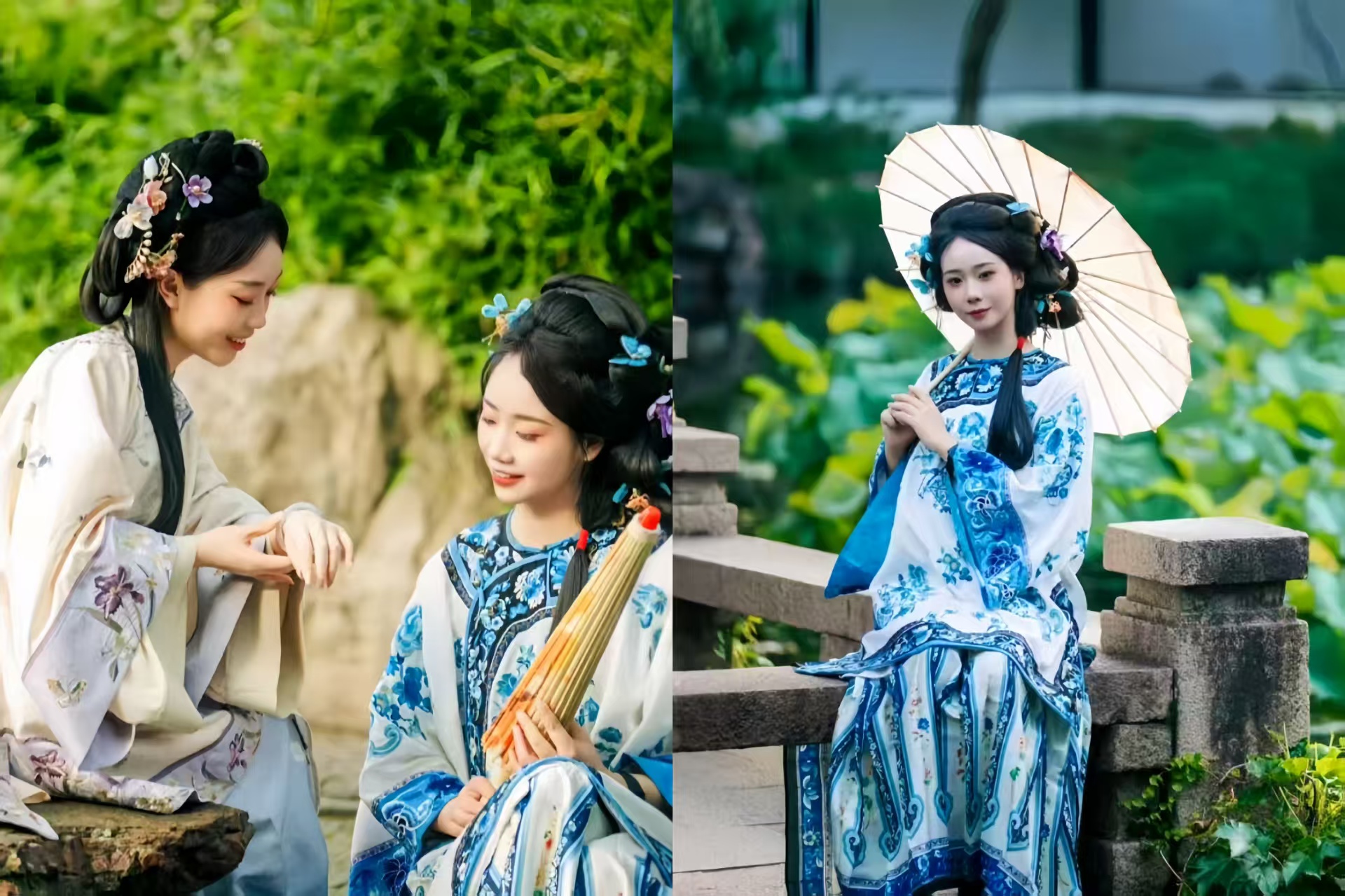 藍白漢服配繁花，盡顯古典溫婉，背景綠意襯古韻