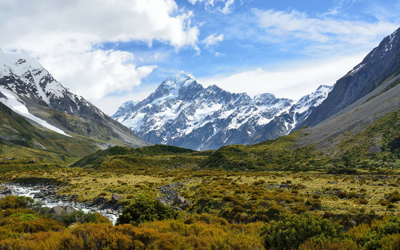 在庫克山（紐西蘭最高峰）的壯麗景色中，感受其傲然矗立於普卡基湖（Lake Pukaki）令人驚豔的碧藍冰川融水之上。