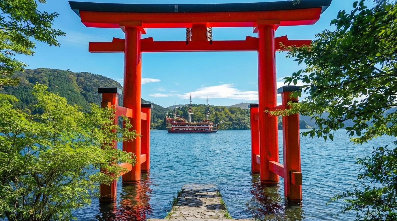 【水上鳥居】箱根神社是關東首屈一指的神社之一，歷史悠久且保存著許多重要文化遺產，因此是也是日本國內旅行的熱門景點。