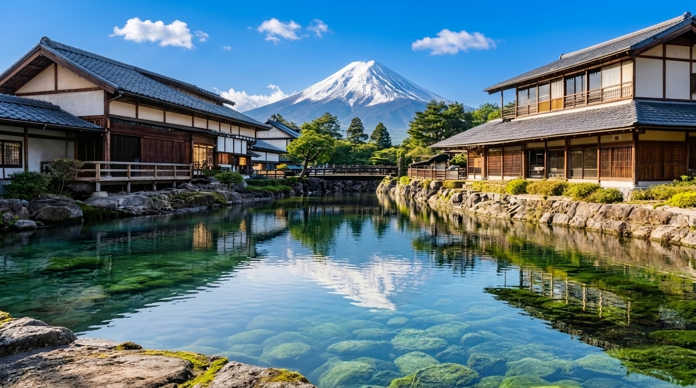 天氣晴朗時，富士山倒映在平靜湖面上，彷彿一幅天然山水畫。