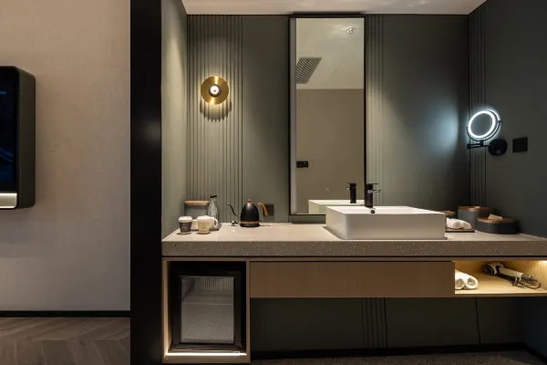 Hotel guest room bathing area environment display map