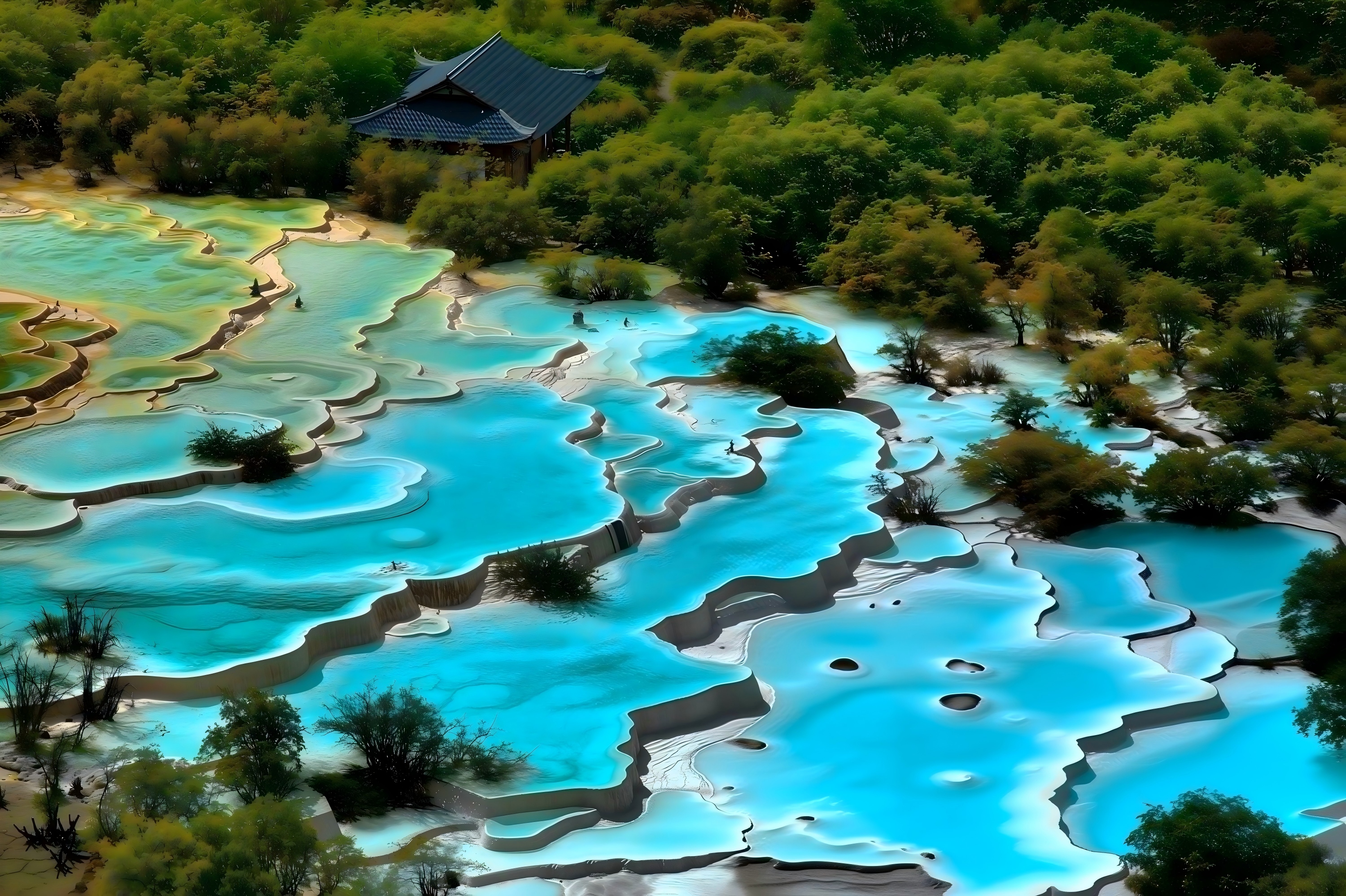 黃龍-【爭豔彩池】由658個彩池組成,池堤形態豐富優美,池水深淺各異,堤岸植被多樣。在陽光照射下,池群色彩斑斕,有金黃、翠綠、酒紅、鮮橙等顏色,各池爭奇鬥豔,與周圍的青山、綠樹、藍天相互映襯,構成一幅絢麗多彩的畫卷。 黃龍-【爭豔彩池】由658個彩池組成,池堤形態豐富優美,池水深淺各異,堤岸植被多樣。在陽光照射下,池群色彩斑斕,有金黃、翠綠、酒紅、鮮橙等顏色,各池爭奇鬥豔,與周圍的青山、綠樹、藍天相互映襯,構成一幅絢麗多彩的畫卷。