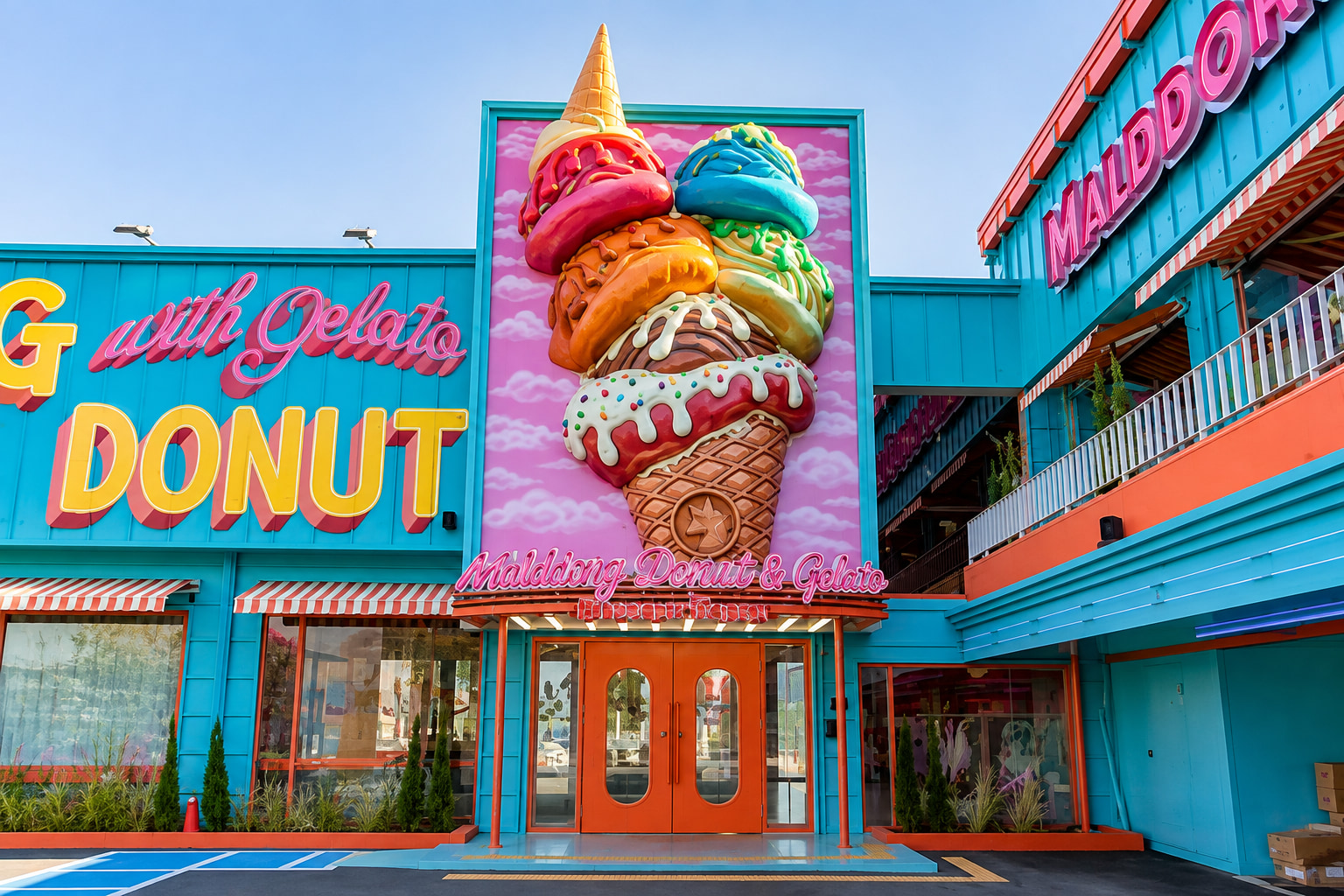 走進色彩繽紛的Malddong Donut Cafe，這裡俏皮的外觀和超大的甜點主題裝飾，讓咖啡館本身就成為一個有趣的拍照打卡點。在進入咖啡館探索其引人注目的甜甜圈展示之前，先盡情享受這裡歡快的氛圍吧！