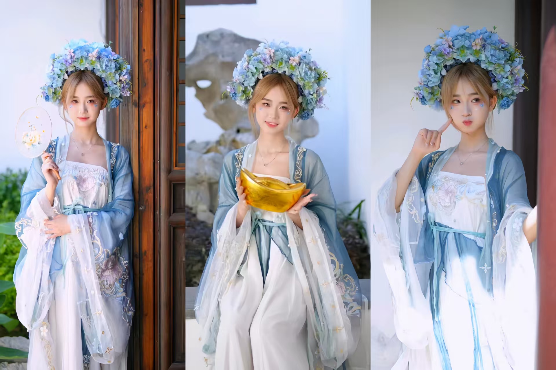 頭戴藍花飾，藍白漢服清新。持團扇動作活潑，於古建旁展現俏皮古典美