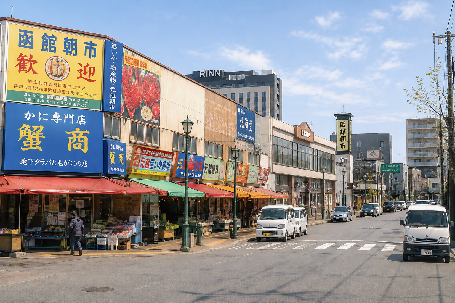 函館朝市是北海道最大的市場,佔地約10,000坪,擁有約250家商店。旅客可自費享用午餐。 函館朝市是北海道最大的市場,佔地約10,000坪,擁有約250家商店。旅客可自費享用午餐。