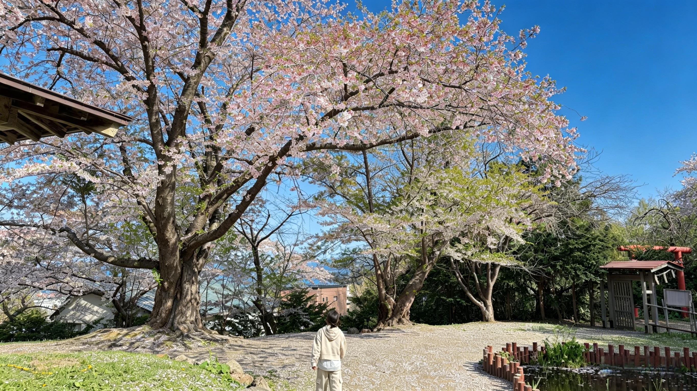 春季可同時欣賞櫻花、蔚藍大海與殘雪未消的群山同框的絕景，在日本賞櫻地中頗為罕見。