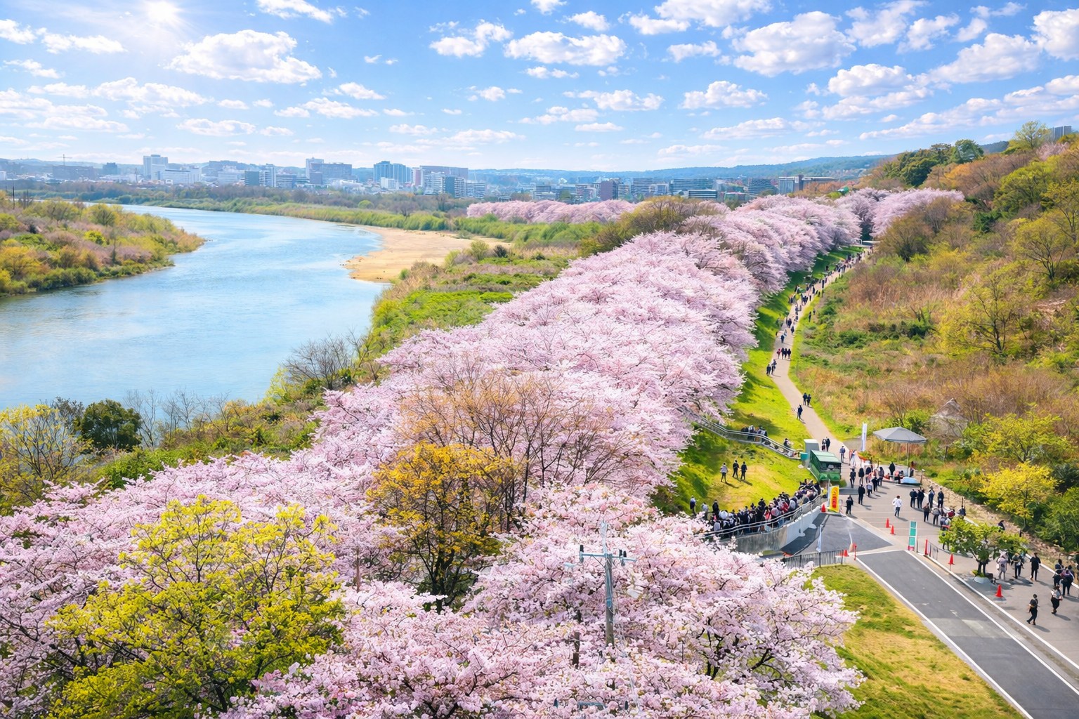 1.4公里櫻花隧道與 都市公園的整齊排列不同，保留了自然生長的 壯闊感--圖片由（一般社團法人）八幡市觀光協會授權