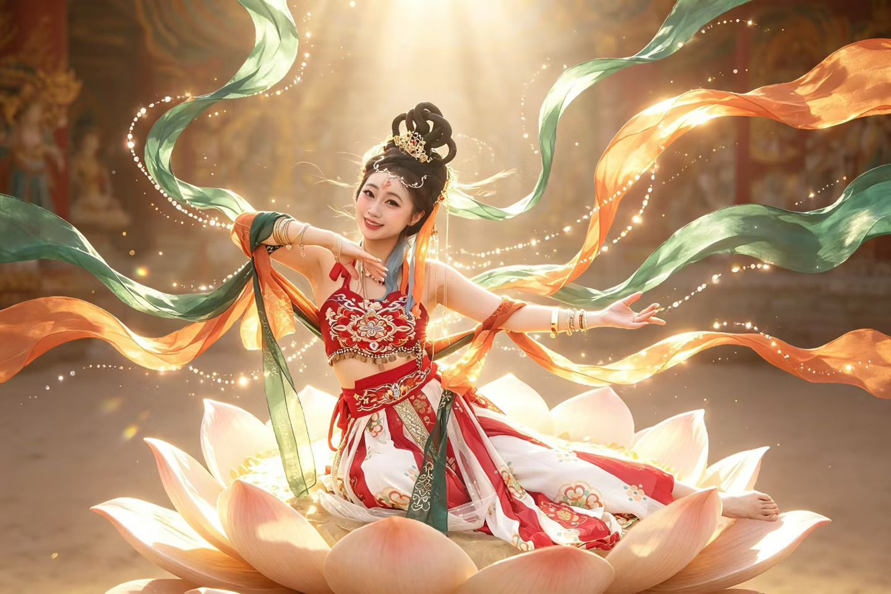 古裝女子端坐蓮花臺,演繹敦煌飛天舞姿 古裝女子端坐蓮花臺,演繹敦煌飛天舞姿