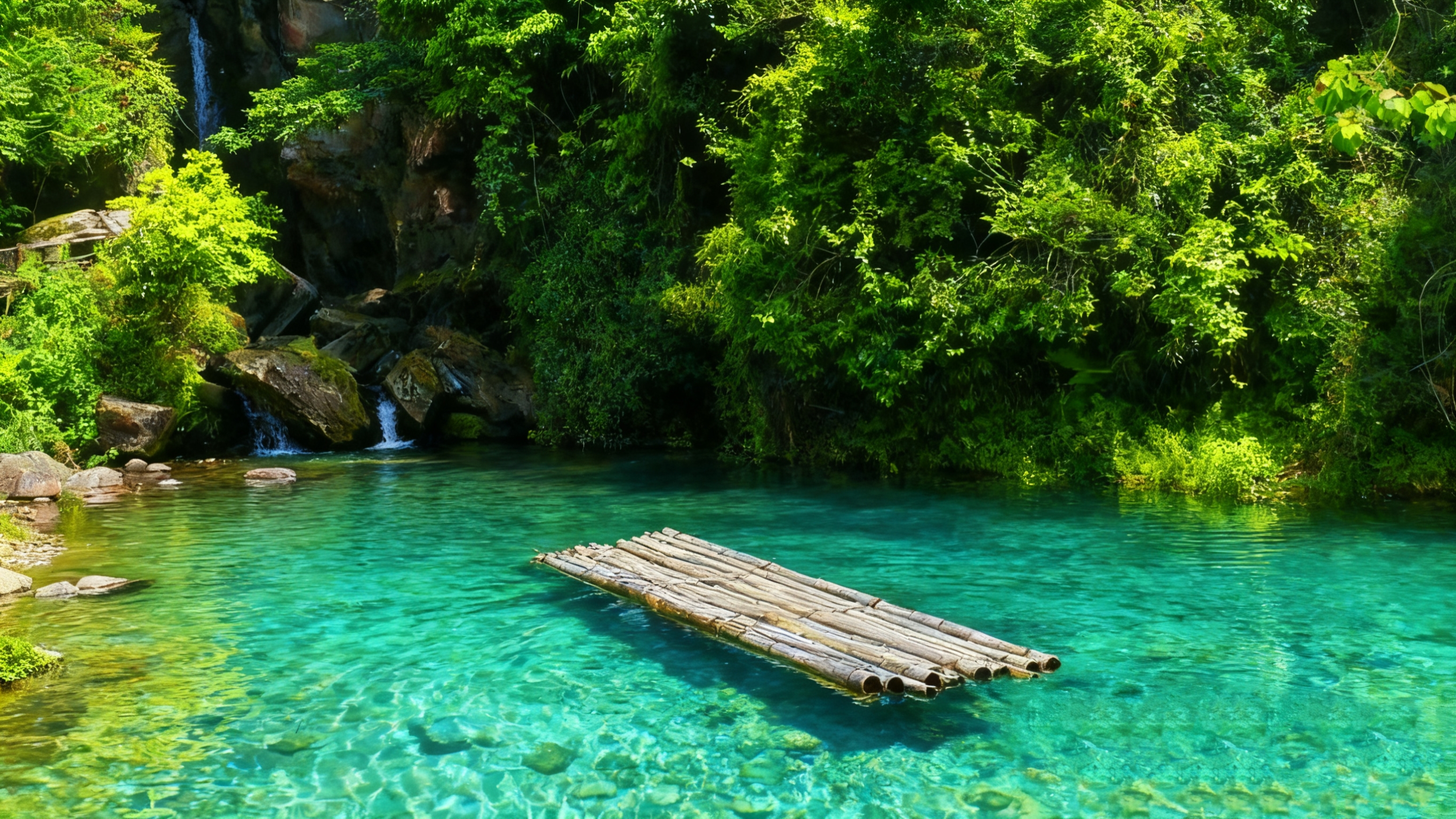 一汪碧潭如翡翠鑲嵌在納趄洛的山谷間,陽光灑在潭水與竹筏上,泛起溫潤的光澤,只留一片寧靜的世外之境。 一汪碧潭如翡翠鑲嵌在納趄洛的山谷間,陽光灑在潭水與竹筏上,泛起溫潤的光澤,只留一片寧靜的世外之境。