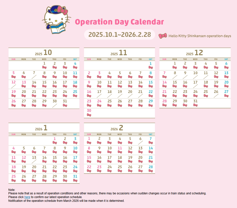 Hello Kitty 新幹線營運日期：2025 年 10 月至 2026 年 2 月