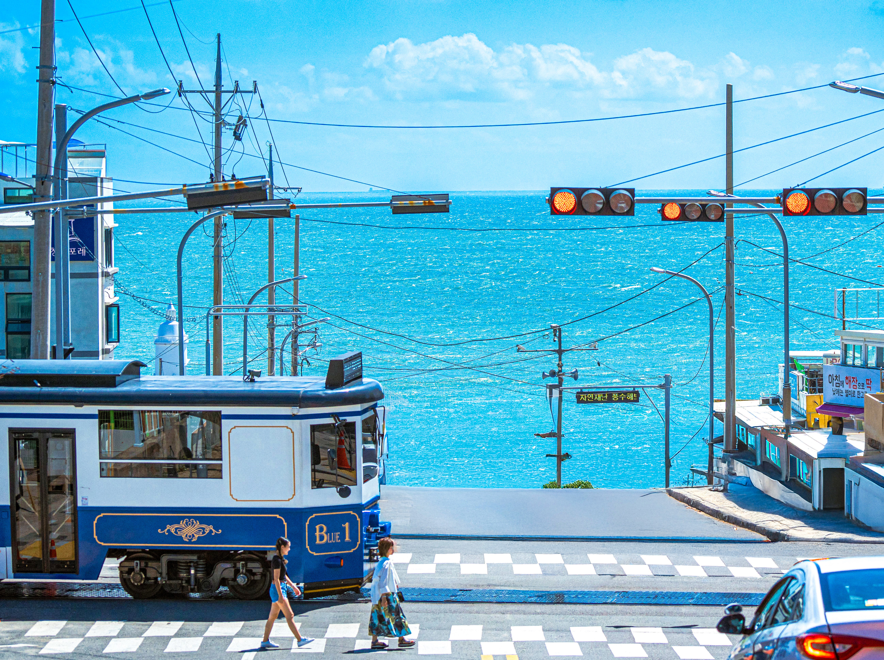 Blue coastal train at a crossing overlooking the sea in Busan.