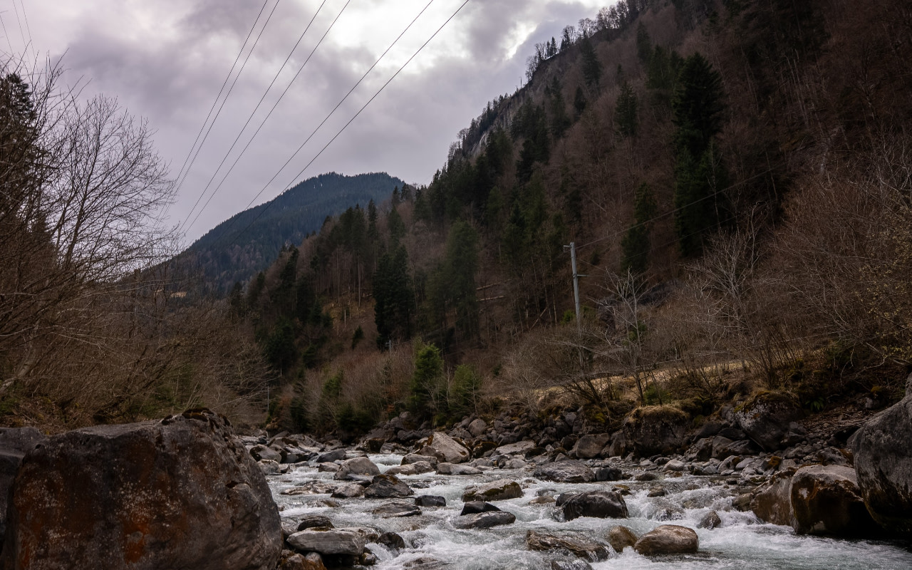 探索山谷底部的崎嶇之美，呂奇納河（Lutschine River）在石灰岩峭壁下蜿蜒流淌。