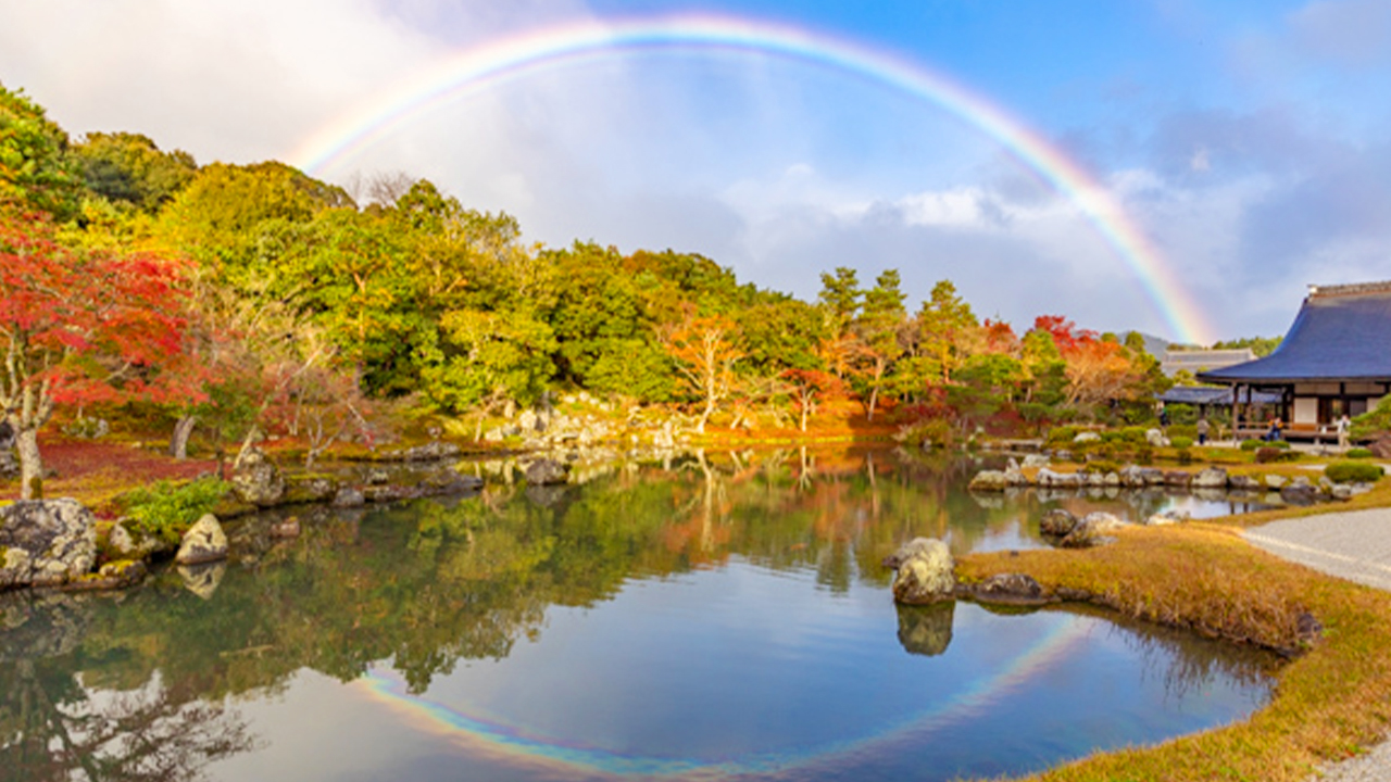 天龍寺寺內的曹源池庭園是日本首座被指定為 “特別名勝” 的庭園，由夢窗疏石打造，為池泉迴游式庭園。