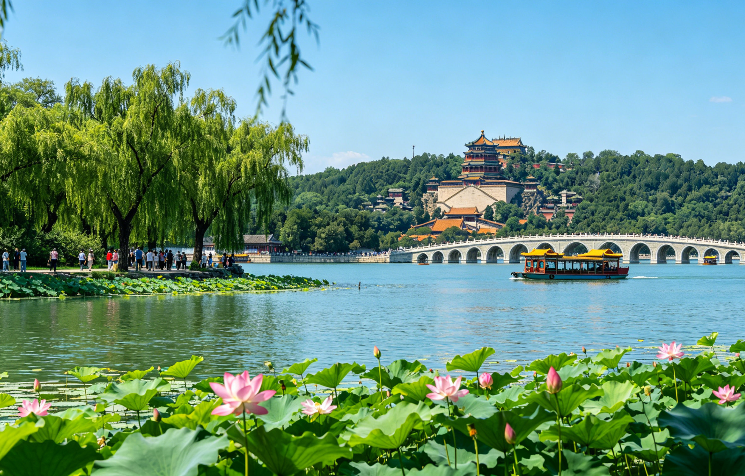 頤和園佛香閣，夏日荷塘眺望皇家園林湖景。