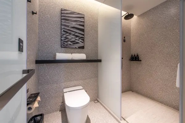 Hotel guest room bathing area environment display map