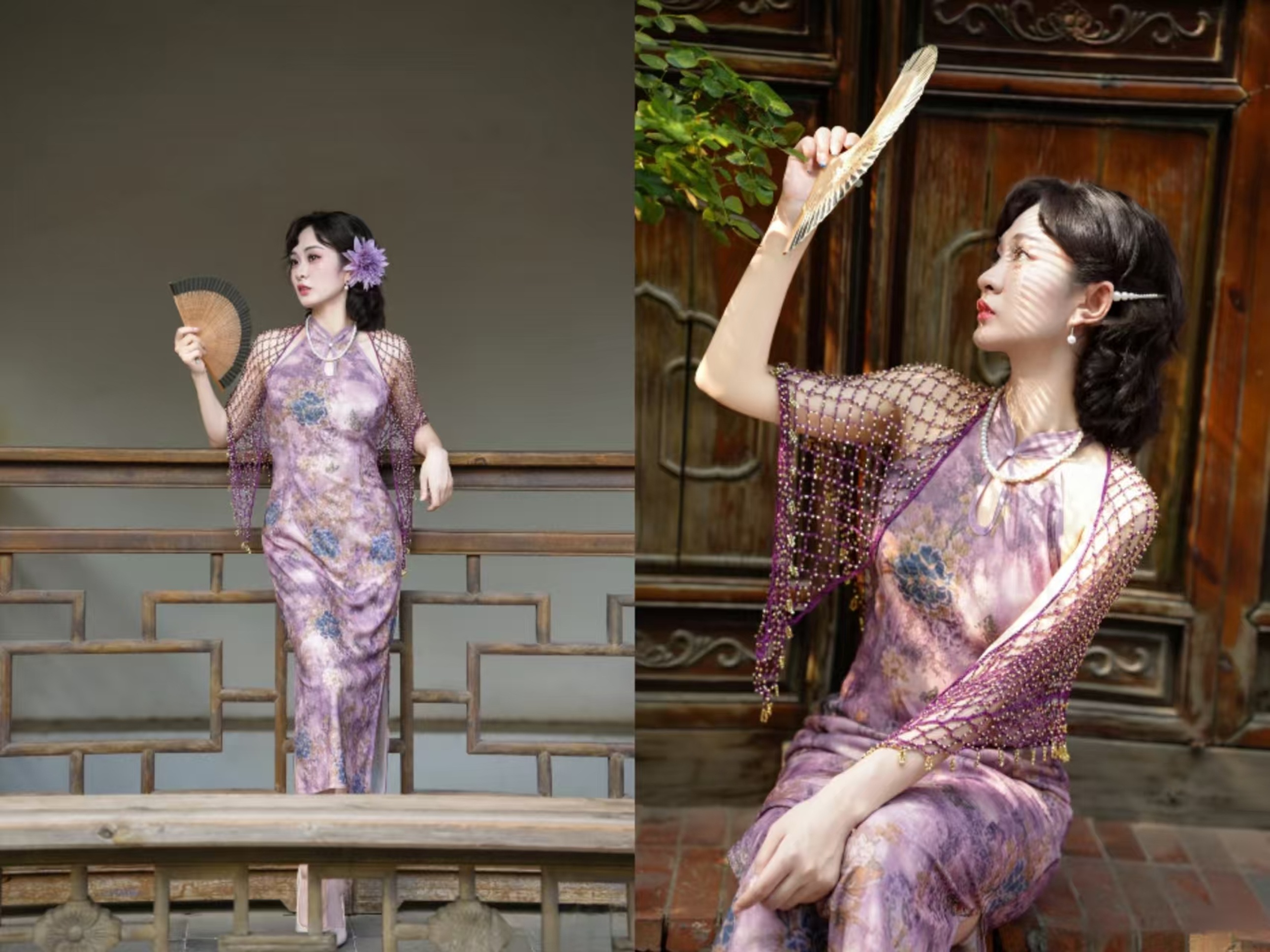 紫調暈染旗袍外搭珠串流蘇披肩,盡顯柔媚華貴的東方韻味 紫調暈染旗袍外搭珠串流蘇披肩,盡顯柔媚華貴的東方韻味