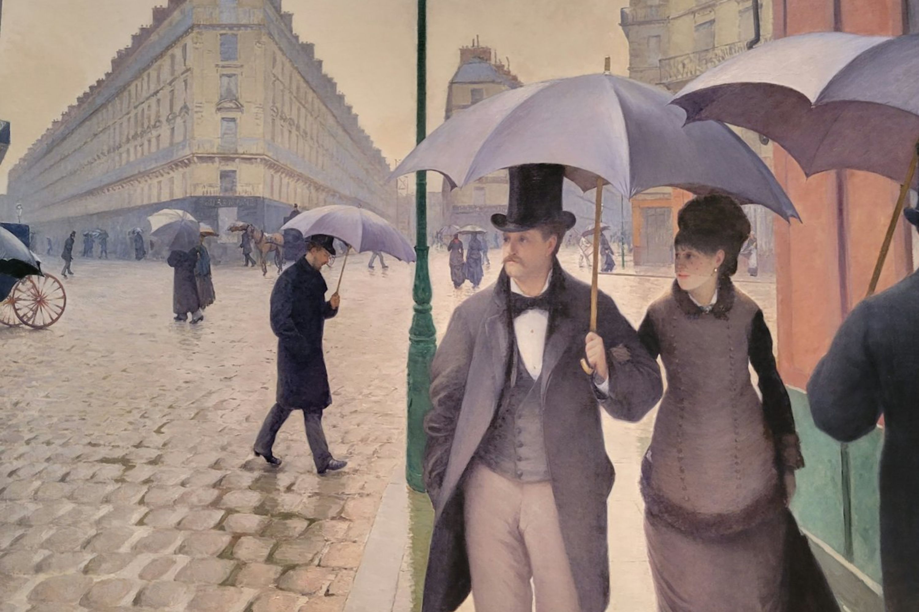 Admire the blend of colors with the Paris Street; Rainy Day painting by Gustave Caillebotte