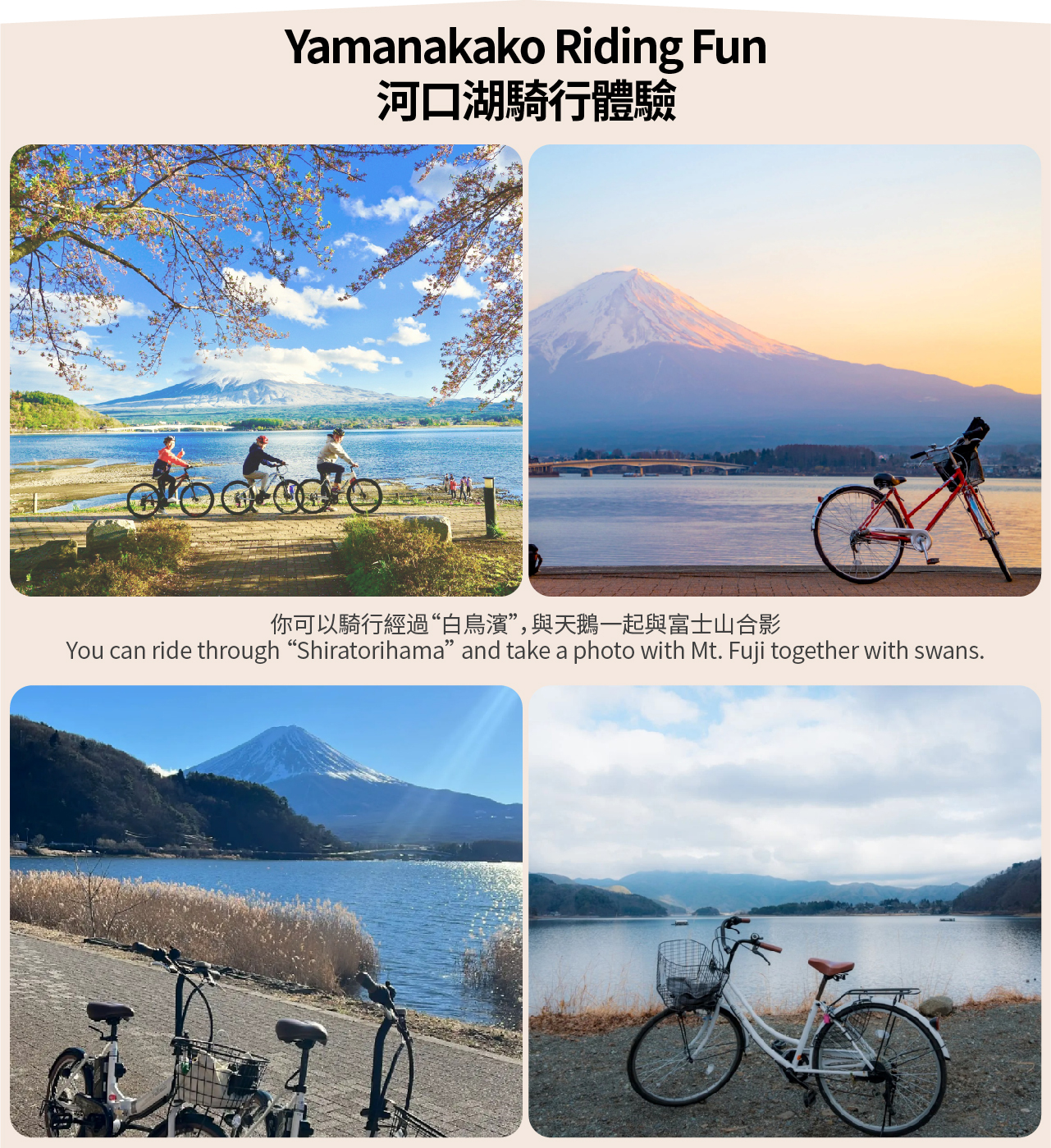 【富士山單車騎行抹茶體驗泡溫泉深度二日遊】河口湖&抹茶體驗&纜車&溫泉&山中湖騎行&忍野八海&新倉山淺間公園深度二日遊