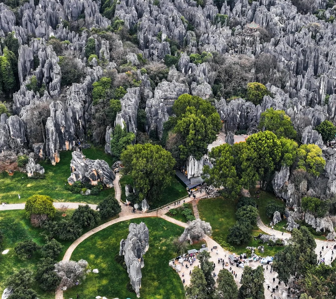俯瞰視角下，千座石峰連片成海，灰白石柱與翠綠植被交錯，展現石林廣袤壯闊的整體格局。完整呈現喀斯特地貌的立體層次，盡顯 “天下第一奇觀” 的恢宏氣勢