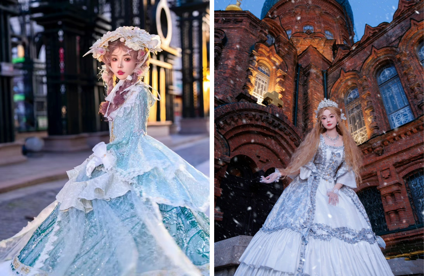 一側是城市街景，一側是雪夜教堂，不同場景展現服飾適配度，復古又唯美