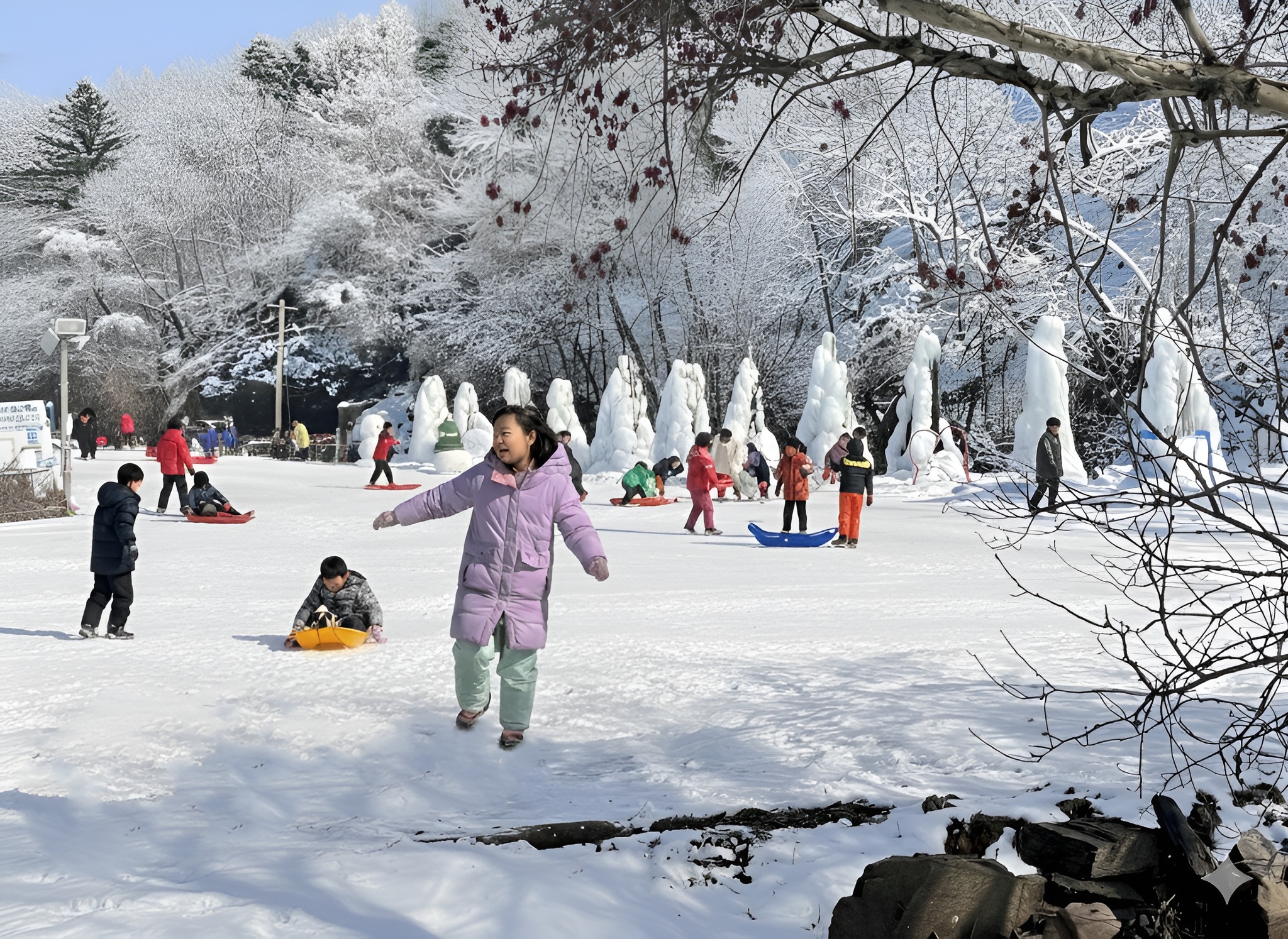 在Chorigol雪橇山 (Chorigol Sledding Hill) 寬廣的雪坡上盡情滑行，全家大小一同享受刺激的冬季冒險！