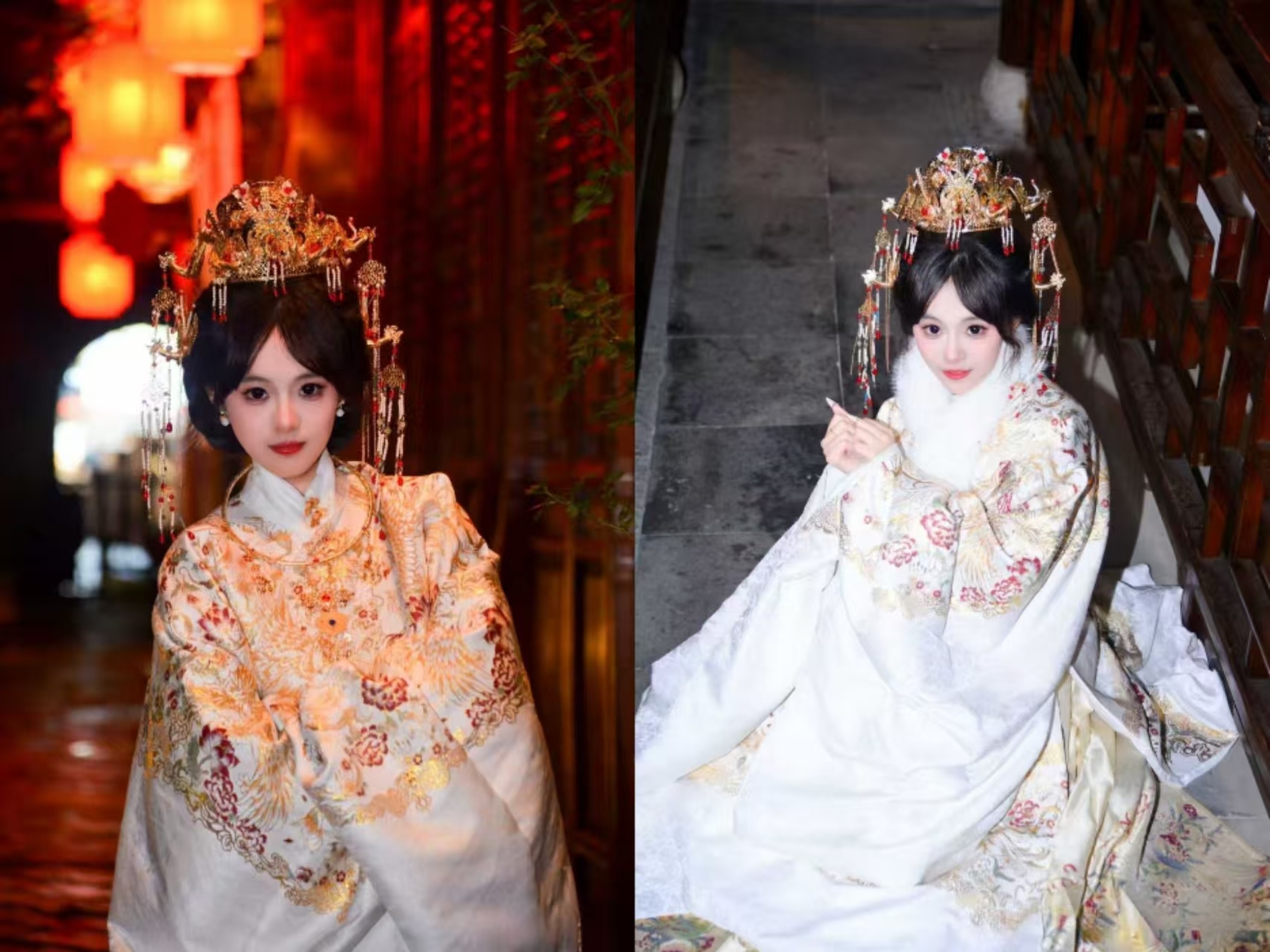 身著重工刺繡的明制婚服,頭戴累絲點翠鳳冠,在紅燈籠古巷與灰磚臺階上,既有中式嫁衣的華貴雍容,又不失少女的嬌俏靈動 身著重工刺繡的明制婚服,頭戴累絲點翠鳳冠,在紅燈籠古巷與灰磚臺階上,既有中式嫁衣的華貴雍容,又不失少女的嬌俏靈動