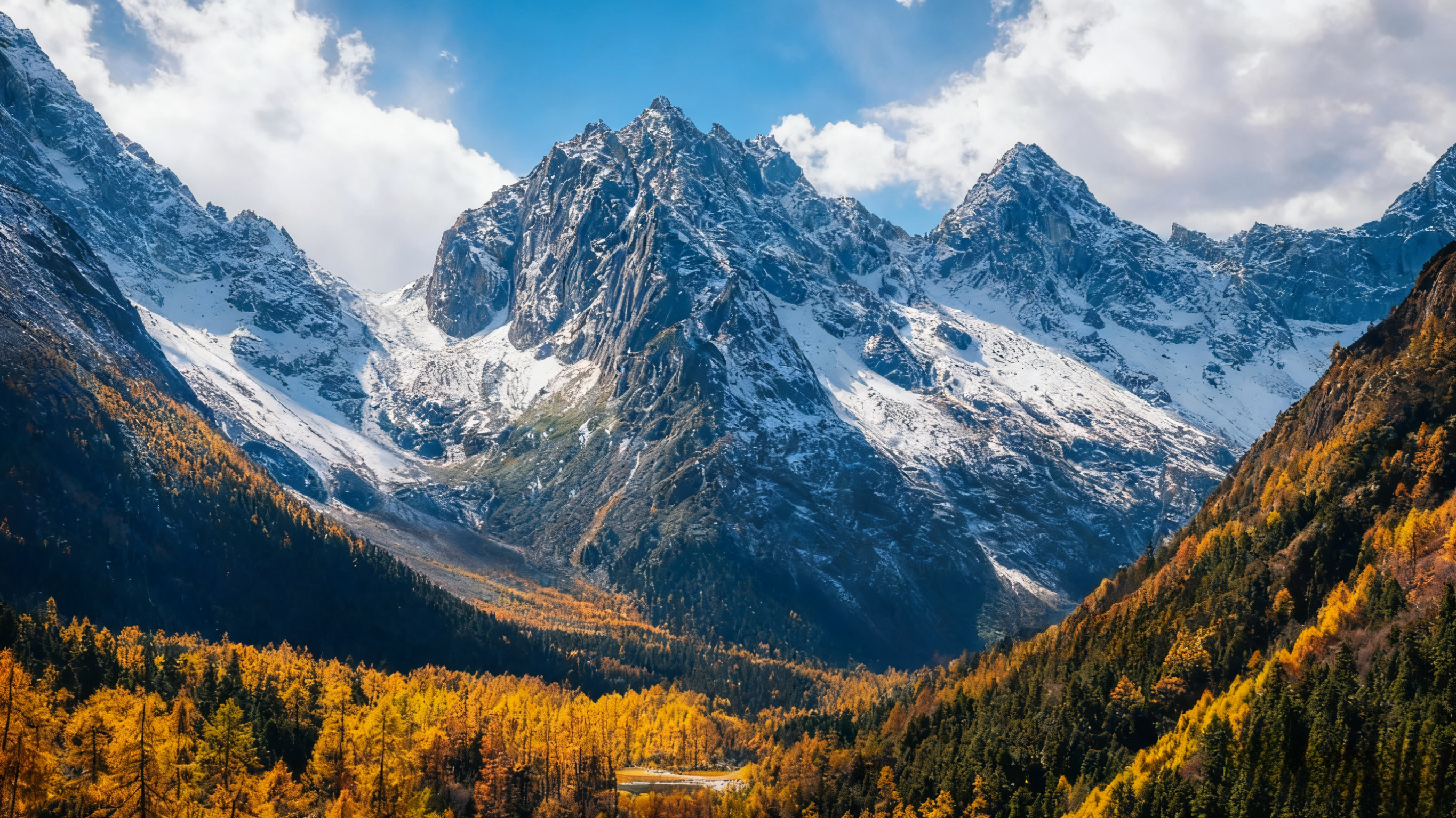 金黃的落葉松與皚皚雪山同框，秋的絢爛與冬的素淨在此碰撞。畢棚溝的山谷裡，每一片葉子的金黃，每一寸積雪的潔白，都是季節的深情告白