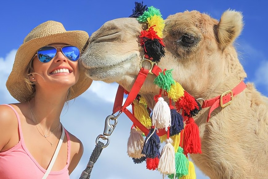 Riders on friendly camels, exploring the breathtaking desert terrain of Los Cabos